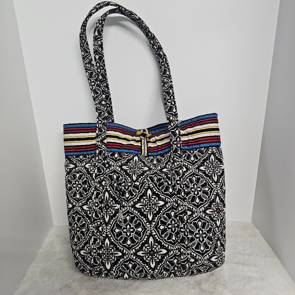 Vera Bradley Black Floral Tote Stripes Quilted